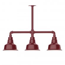 Montclair Light Works MSK180-55-W08-L10 - 8&#34; Warehouse shade, 3-light LED Stem Hung Pendant with wire grill, Barn Red